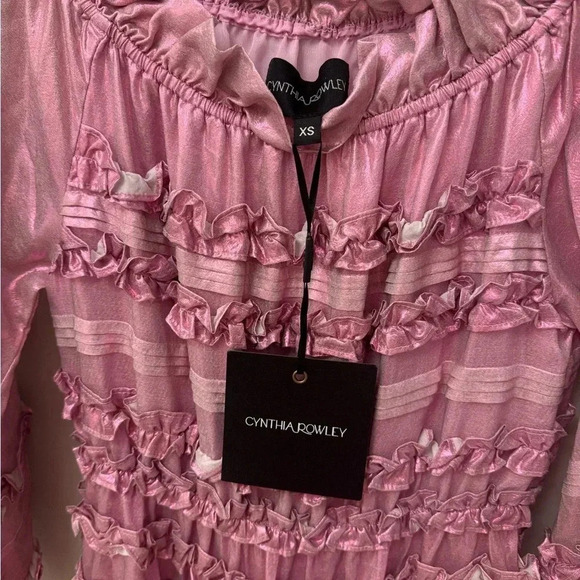 NWT Cynthia Rowley Ella Silk Metallic Foil Ruffle Mini Dress Metallic Blush XS - Picture 4 of 10